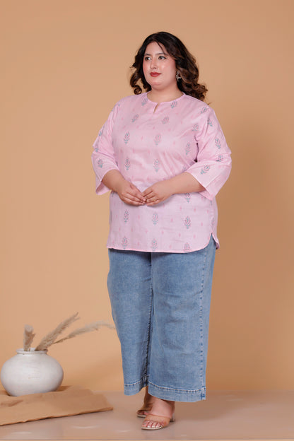 FLORAL BUTTA PRINT COTTON TOP IN BABYPINK COLOUR BY PLUSSIZEKURTI
