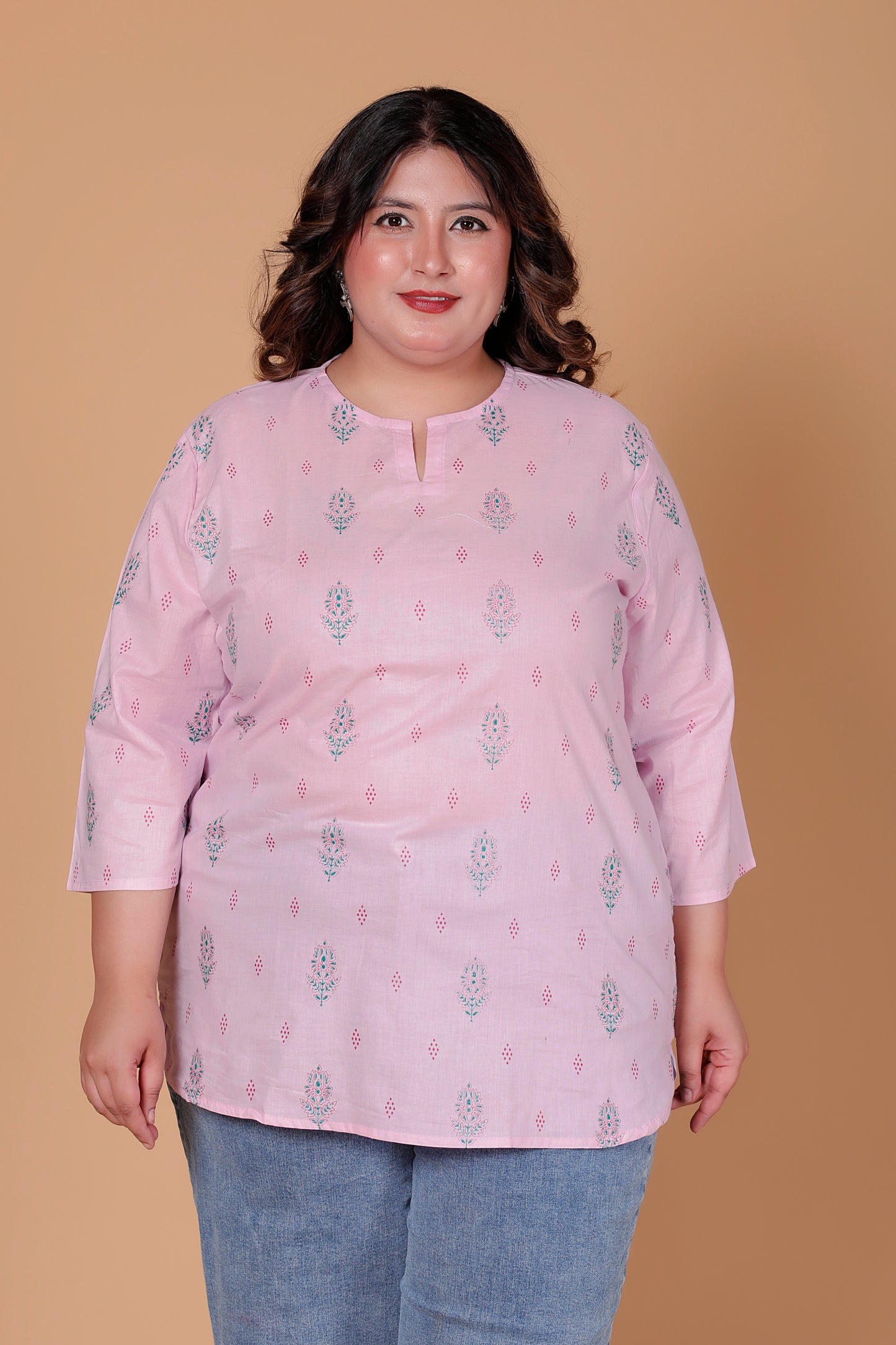 FLORAL BUTTA PRINT COTTON TOP IN BABYPINK COLOUR BY PLUSSIZEKURTI