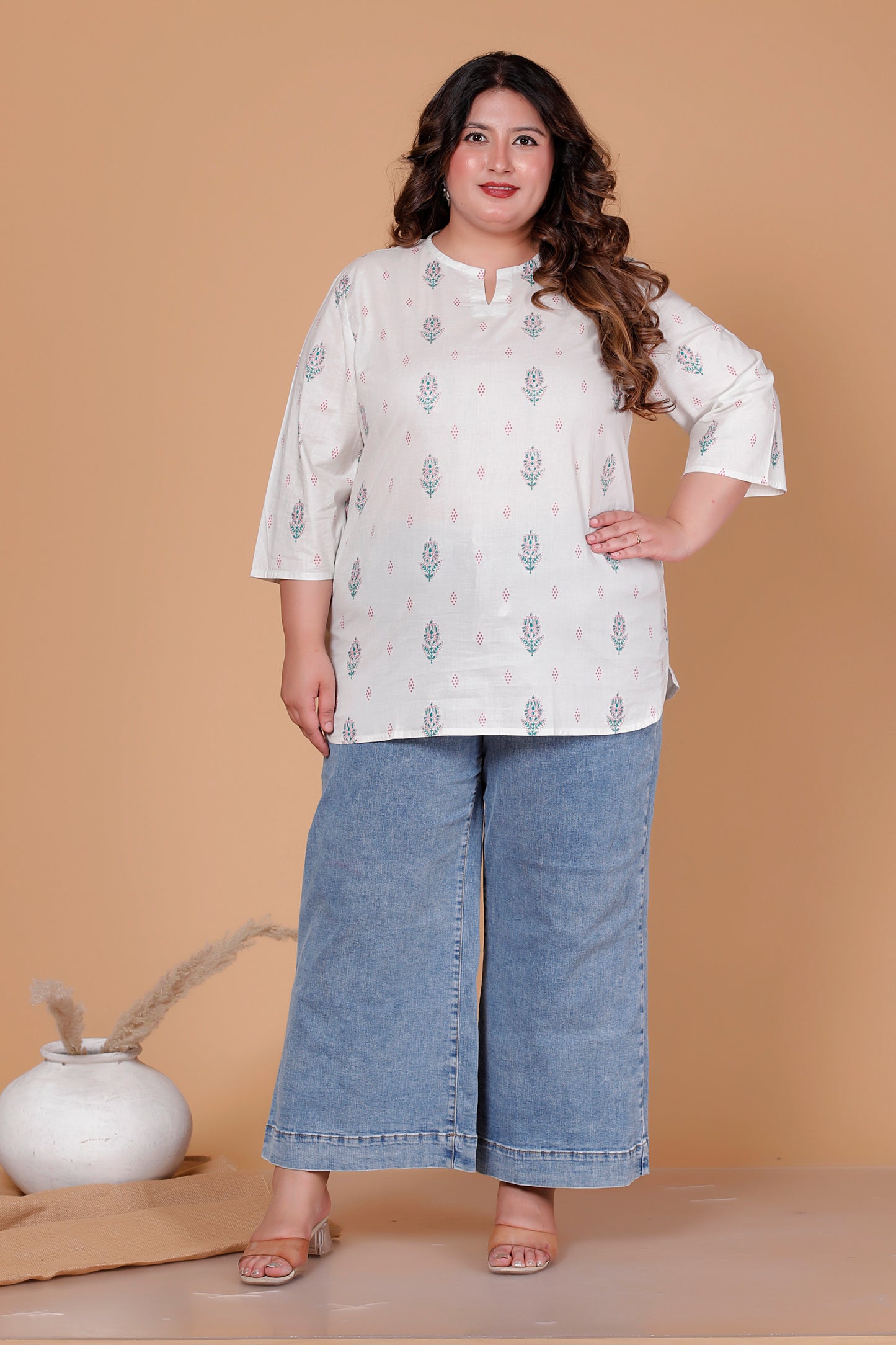 FLORAL BUTTA PRINT COTTON TOP IN OFFWHITE COLOUR BY PLUSSIZEKURTI