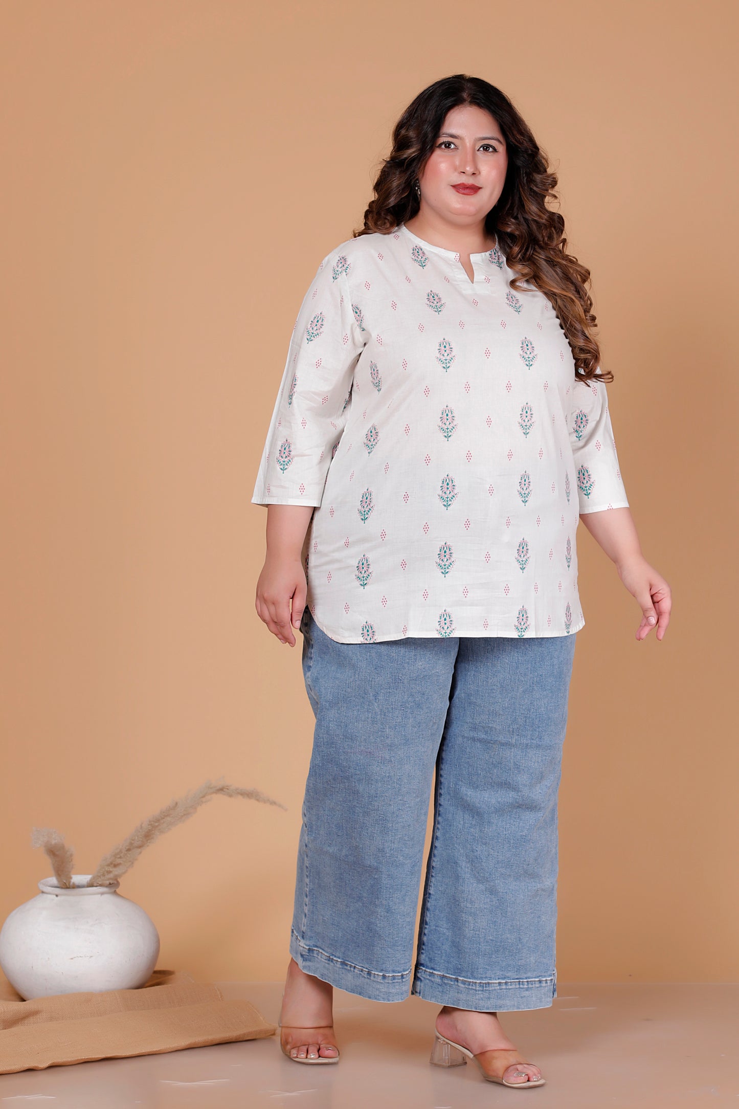 FLORAL BUTTA PRINT COTTON TOP IN OFFWHITE COLOUR BY PLUSSIZEKURTI