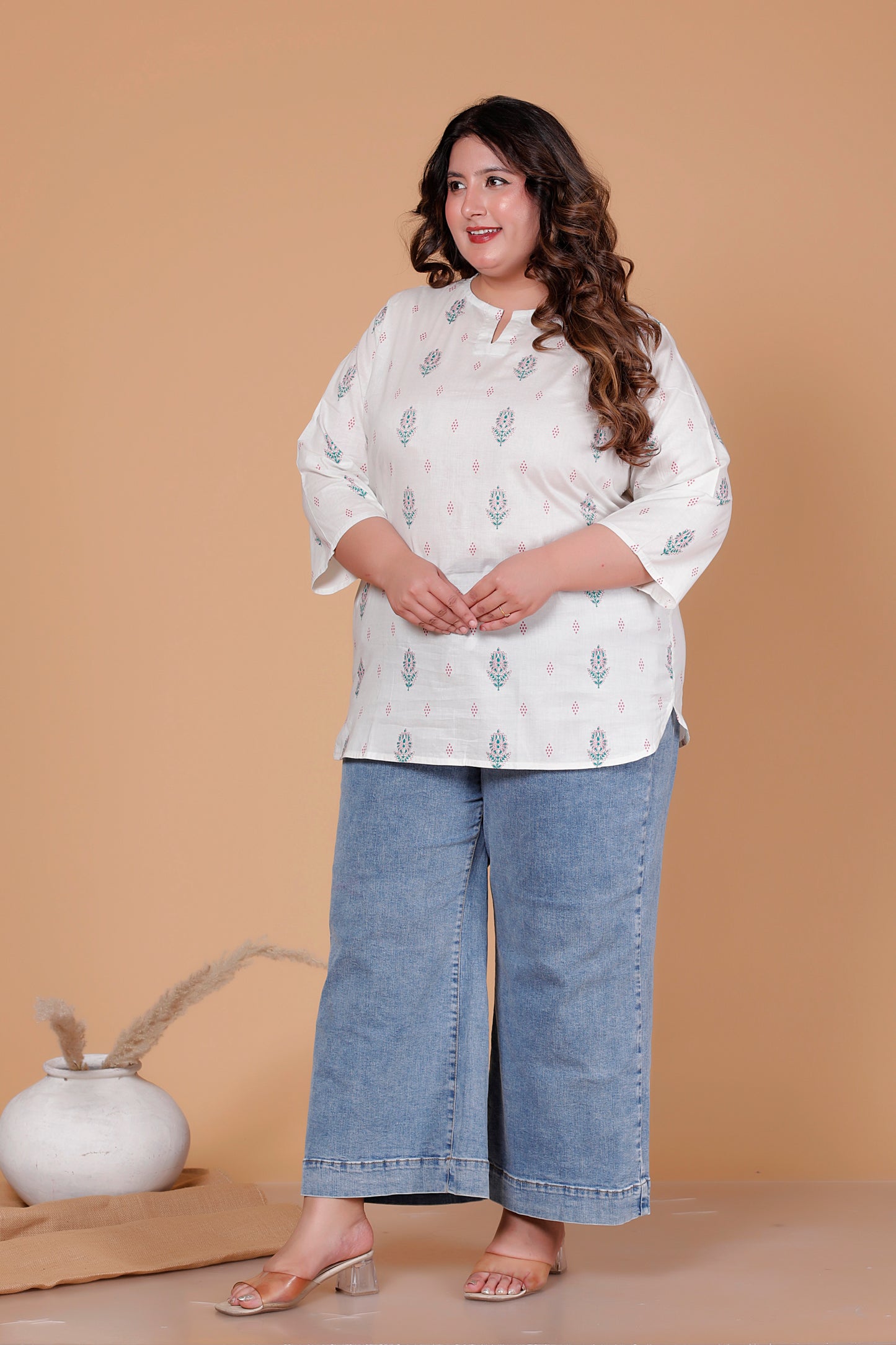 FLORAL BUTTA PRINT COTTON TOP IN OFFWHITE COLOUR BY PLUSSIZEKURTI