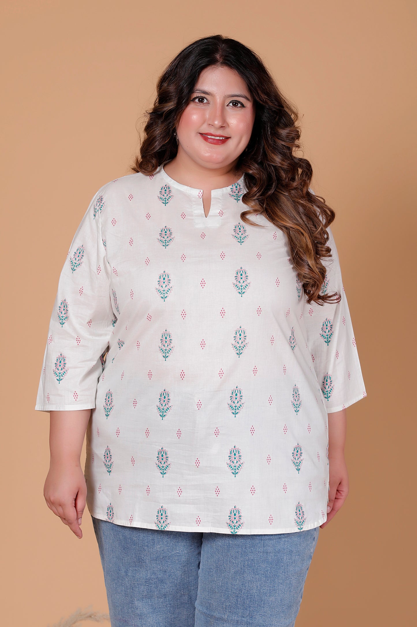 FLORAL BUTTA PRINT COTTON TOP IN OFFWHITE COLOUR BY PLUSSIZEKURTI