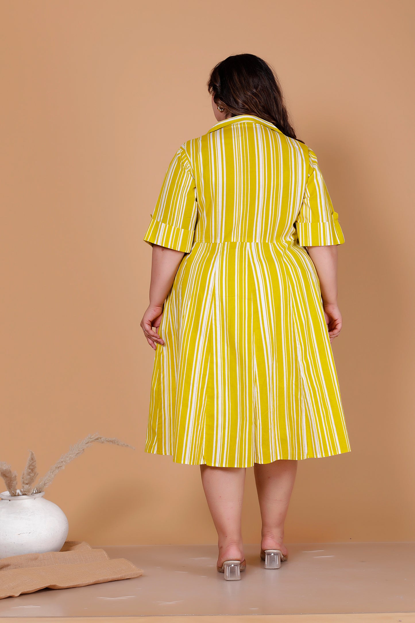 VERTICAL STRIPE  PRINT COTTON ALINE DRESS IN YELLOW BY PLUSSIZEKURTI