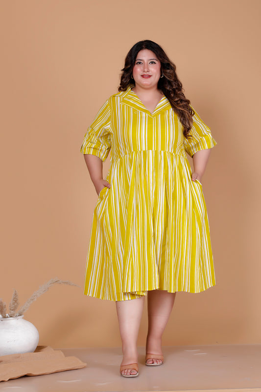 VERTICAL STRIPE  PRINT COTTON ALINE DRESS IN YELLOW BY PLUSSIZEKURTI