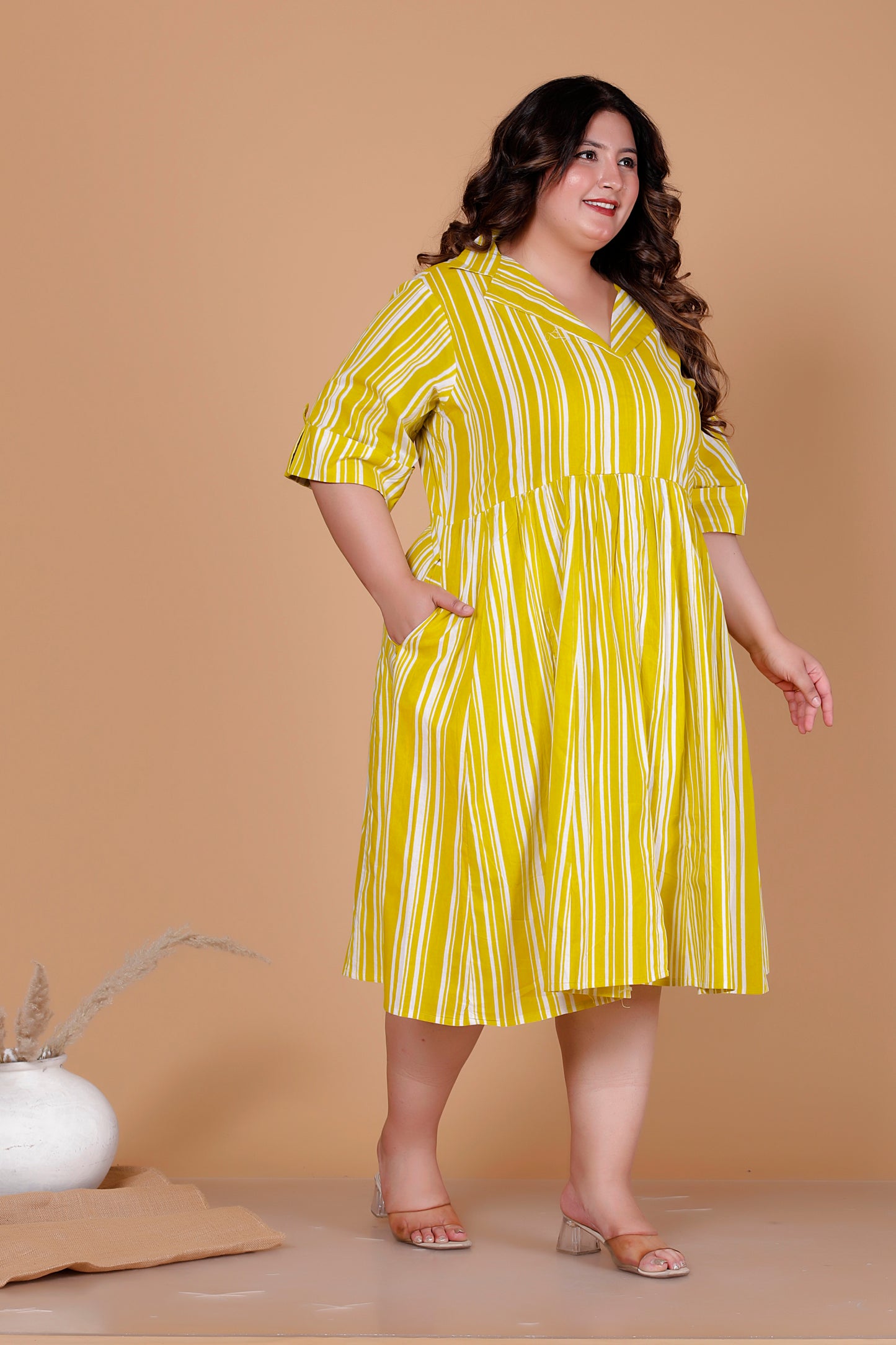 VERTICAL STRIPE  PRINT COTTON ALINE DRESS IN YELLOW BY PLUSSIZEKURTI