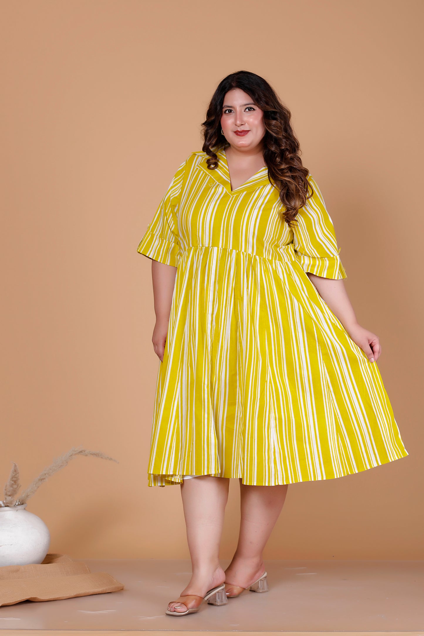 VERTICAL STRIPE  PRINT COTTON ALINE DRESS IN YELLOW BY PLUSSIZEKURTI