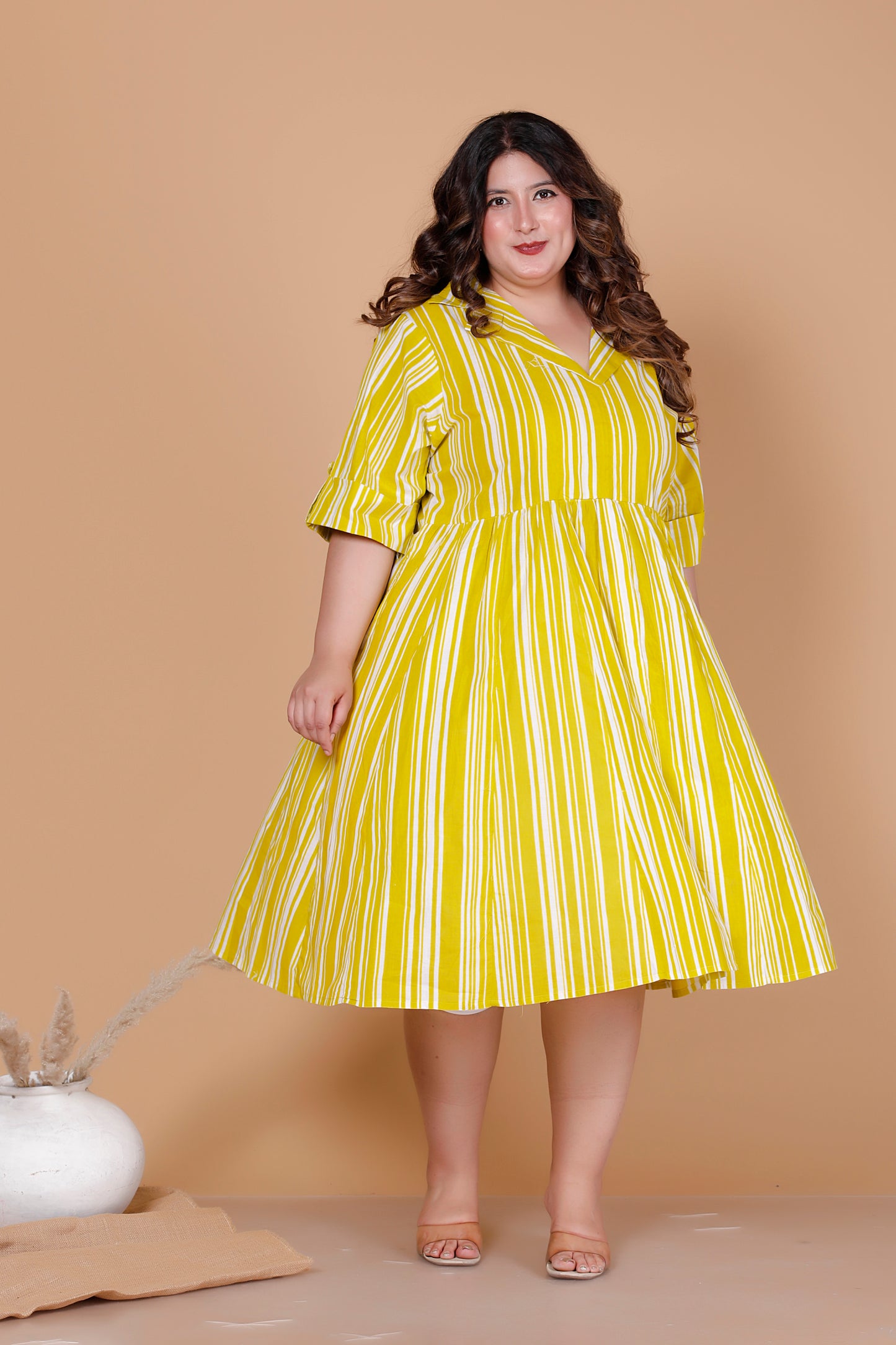 VERTICAL STRIPE  PRINT COTTON ALINE DRESS IN YELLOW BY PLUSSIZEKURTI