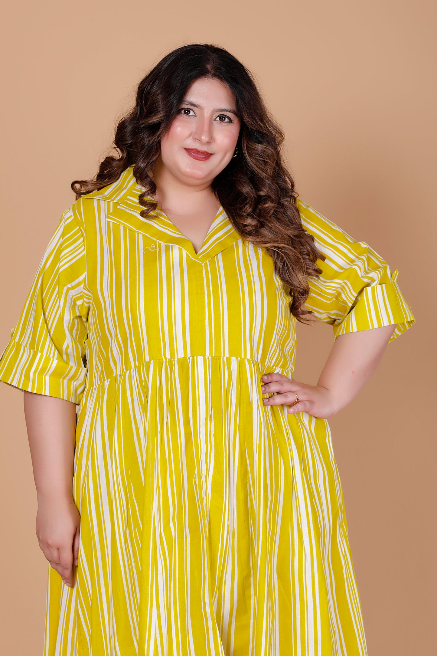 VERTICAL STRIPE  PRINT COTTON ALINE DRESS IN YELLOW BY PLUSSIZEKURTI