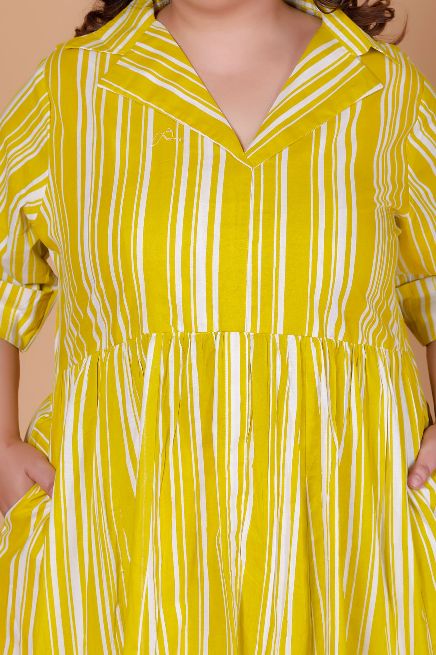 VERTICAL STRIPE  PRINT COTTON ALINE DRESS IN YELLOW BY PLUSSIZEKURTI