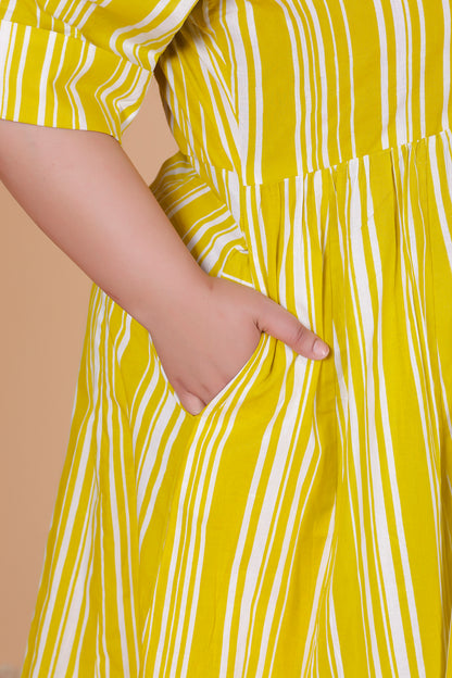 VERTICAL STRIPE  PRINT COTTON ALINE DRESS IN YELLOW BY PLUSSIZEKURTI