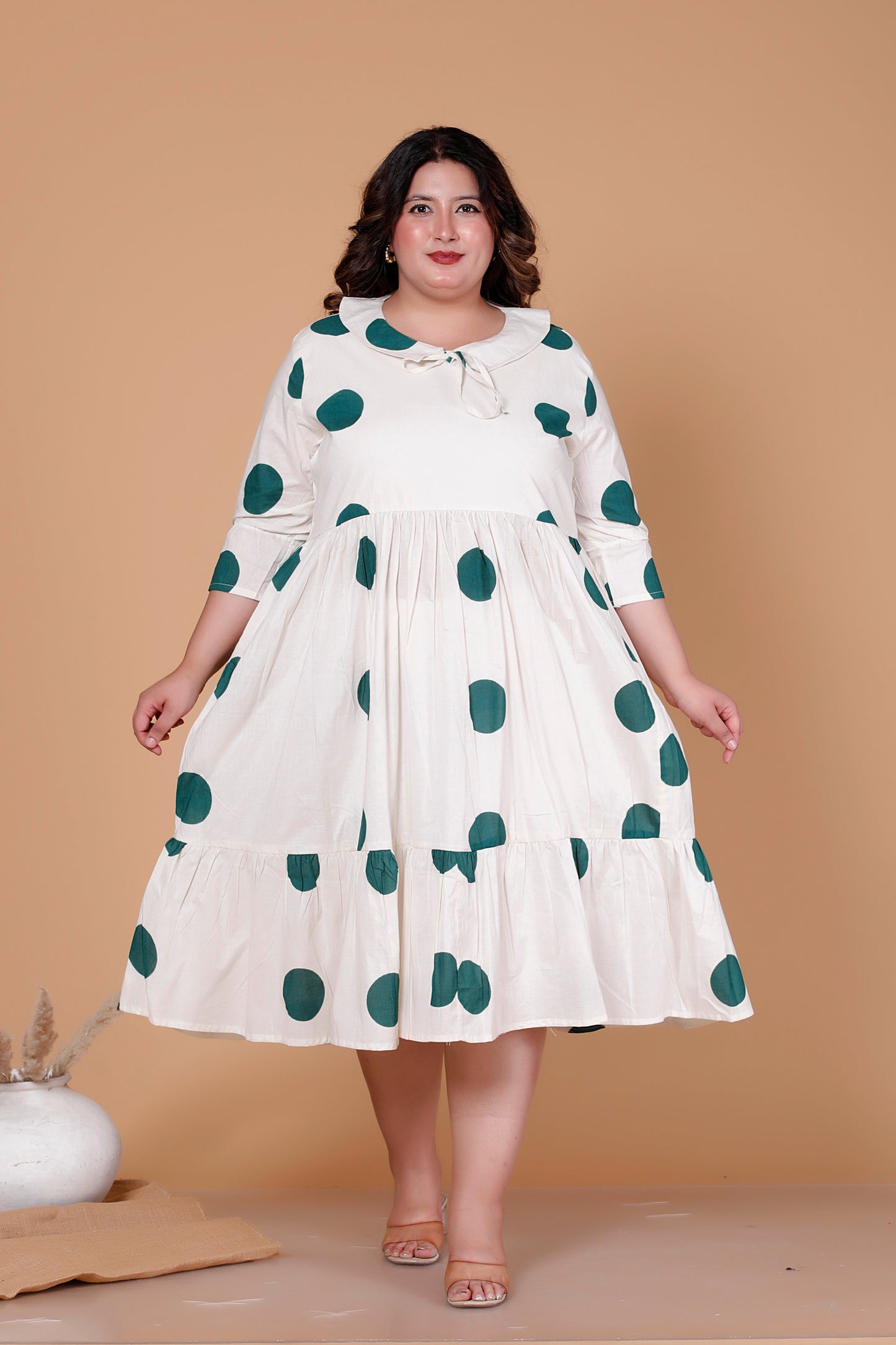 PETER PAN POLKA DOT PRINT COTTON DRESS IN OFFWHITE BY PLUSSIZEKURTI