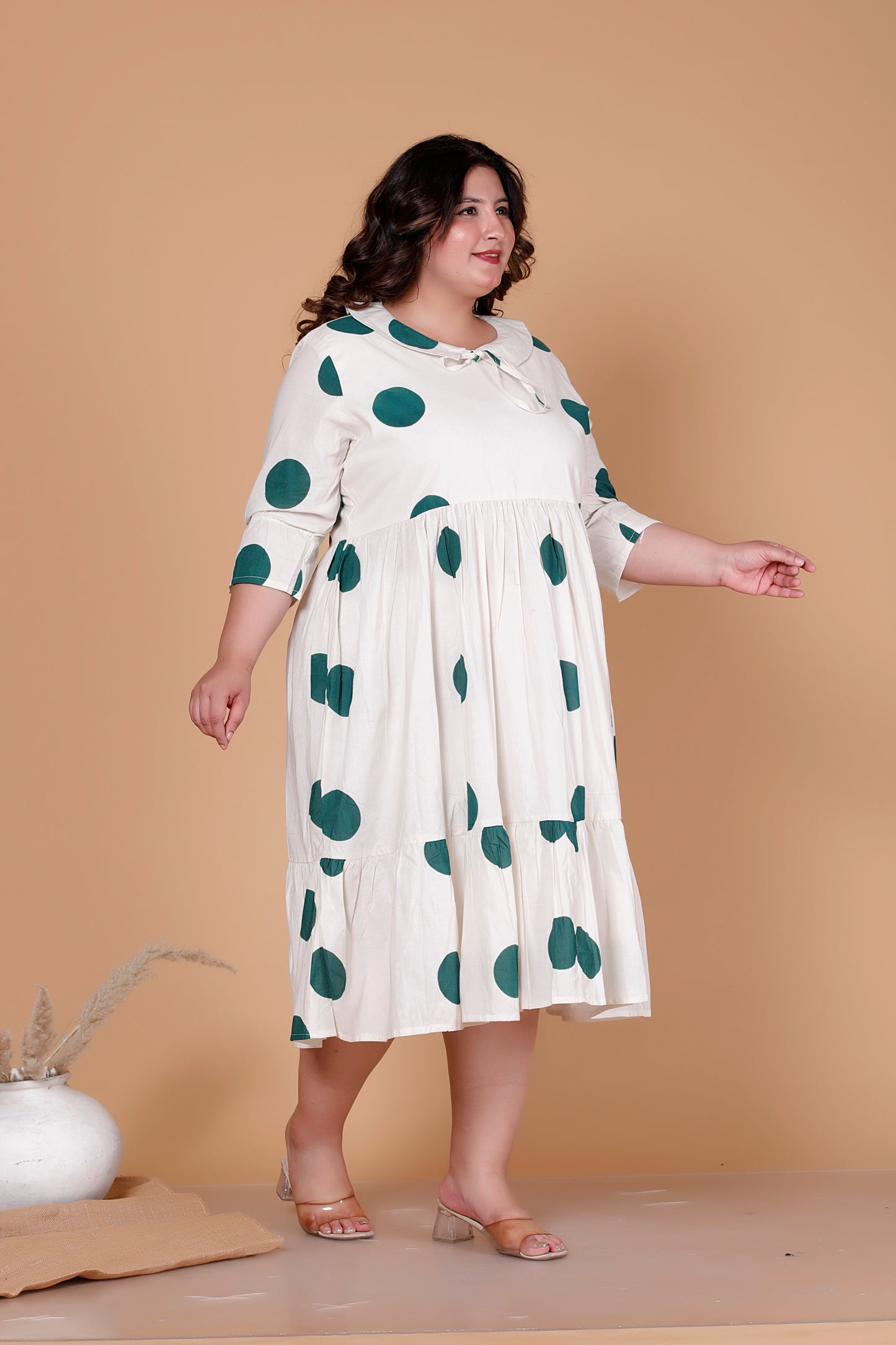 PETER PAN POLKA DOT PRINT COTTON DRESS IN OFFWHITE BY PLUSSIZEKURTI