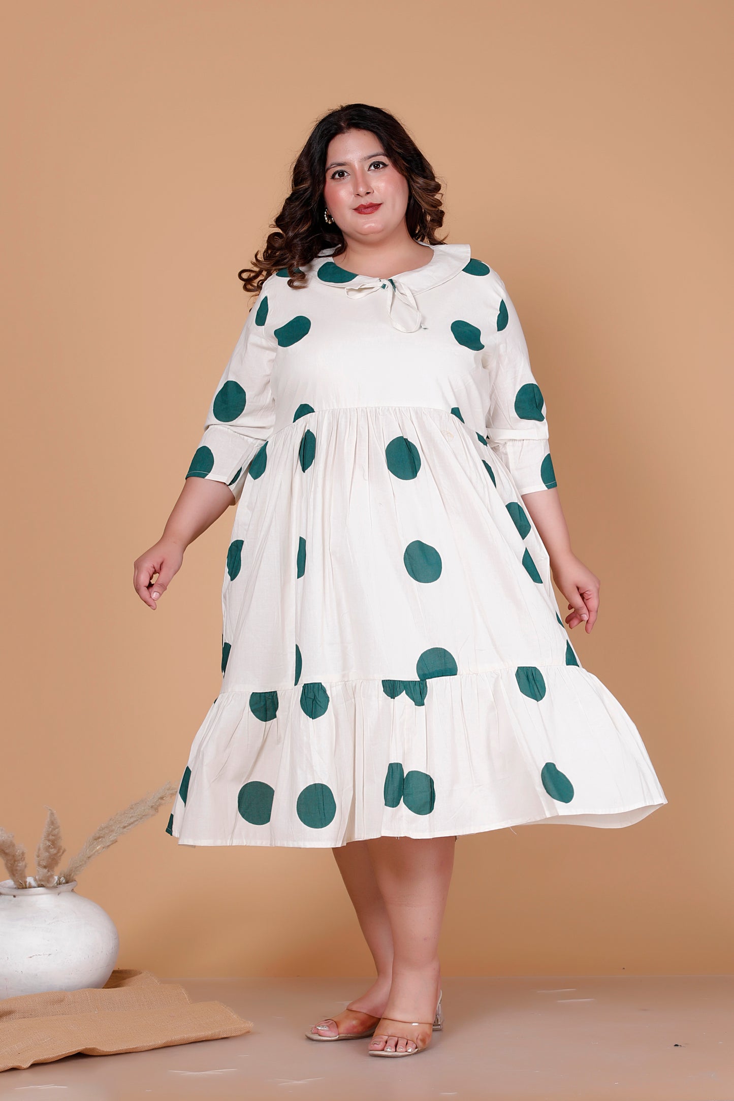 PETER PAN POLKA DOT PRINT COTTON DRESS IN OFFWHITE BY PLUSSIZEKURTI