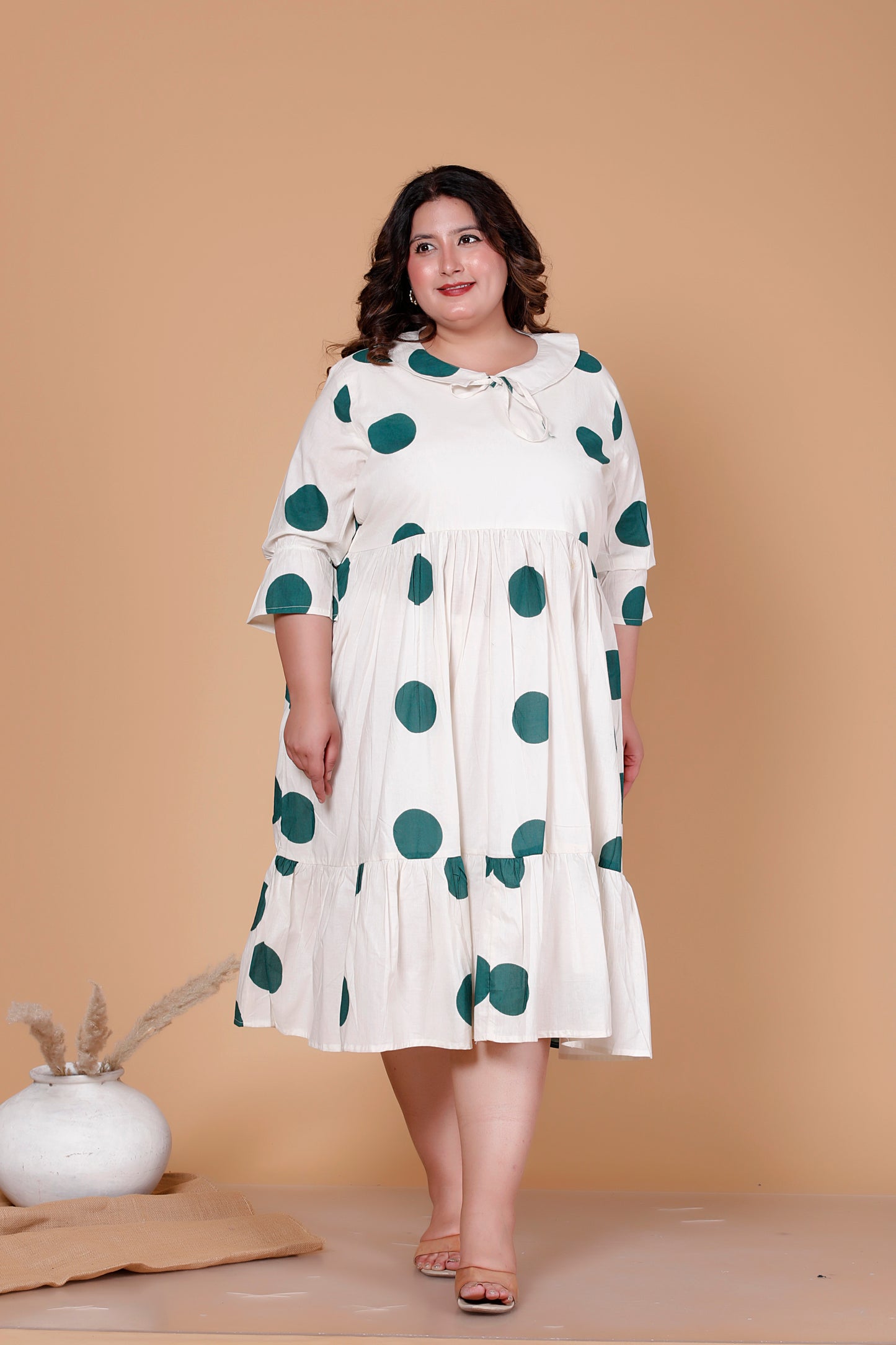 PETER PAN POLKA DOT PRINT COTTON DRESS IN OFFWHITE BY PLUSSIZEKURTI