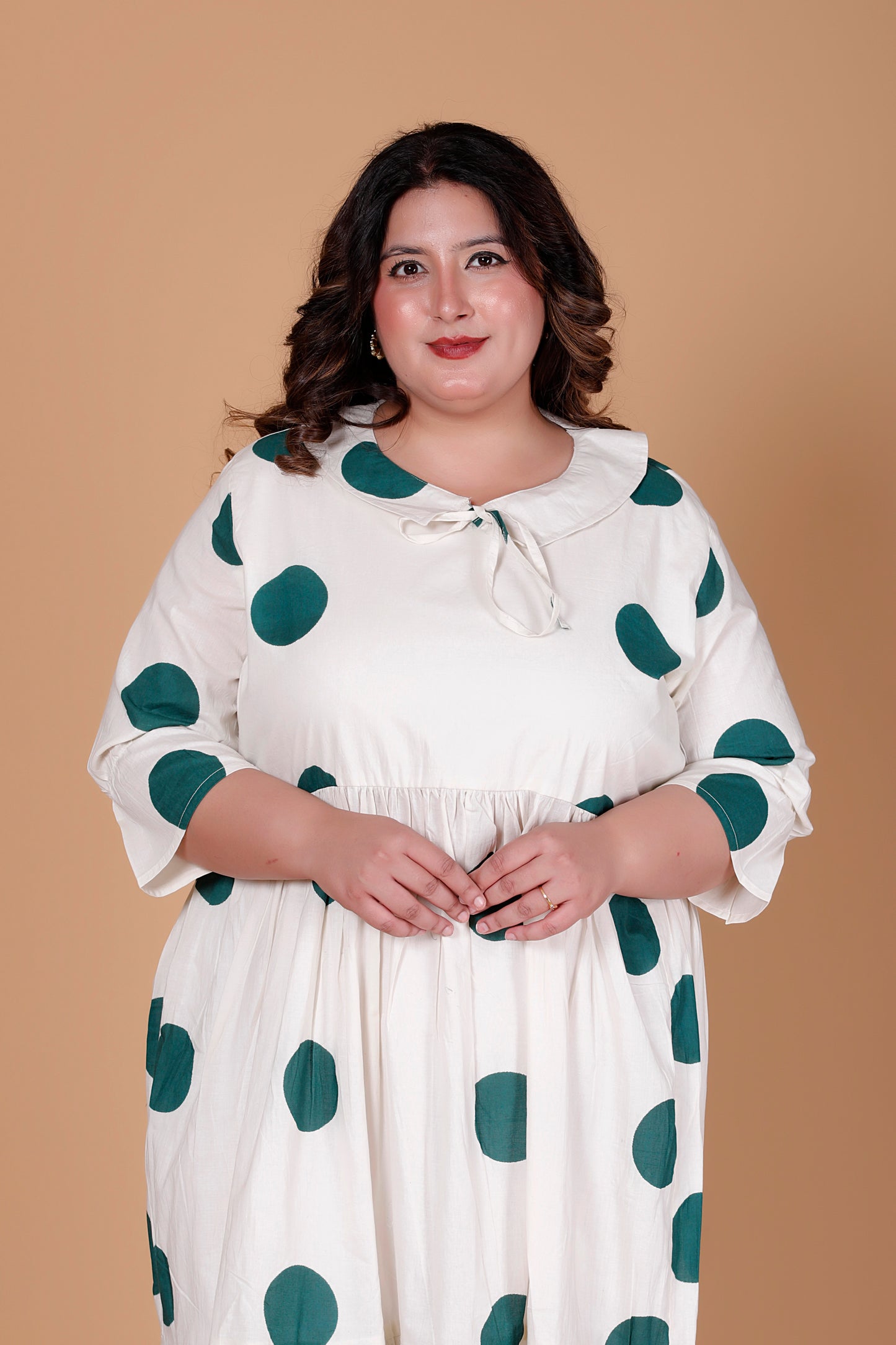 PETER PAN POLKA DOT PRINT COTTON DRESS IN OFFWHITE BY PLUSSIZEKURTI