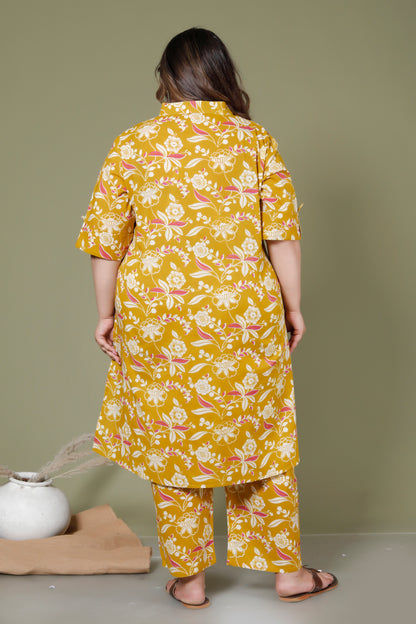FLORAL INFUSE PRINT COTTON 2 PEICE KURTA PANT IN MUSTURD YELLOW BY PLUSSIZEKURTI