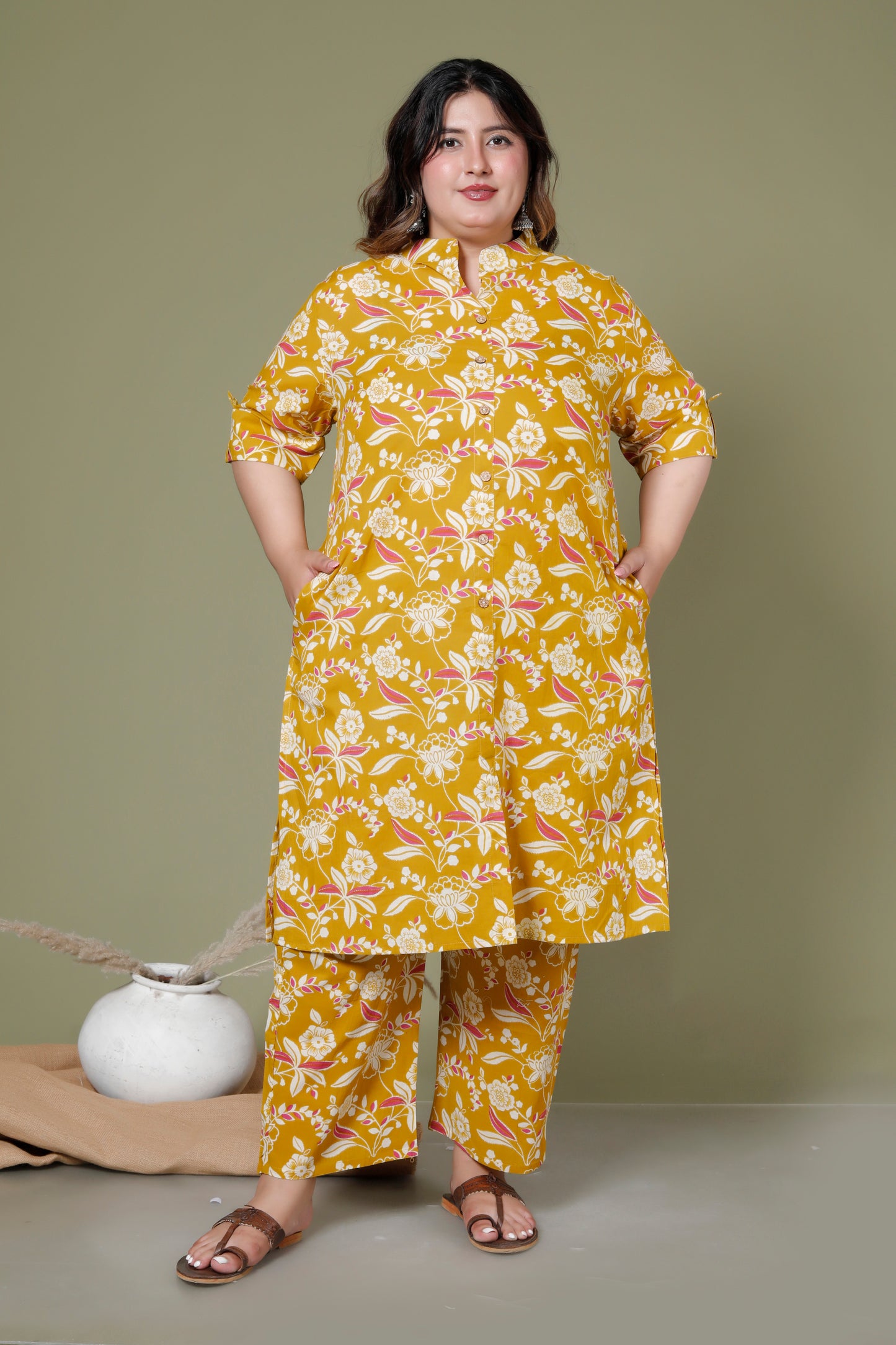 FLORAL INFUSE PRINT COTTON 2 PEICE KURTA PANT IN MUSTURD YELLOW BY PLUSSIZEKURTI