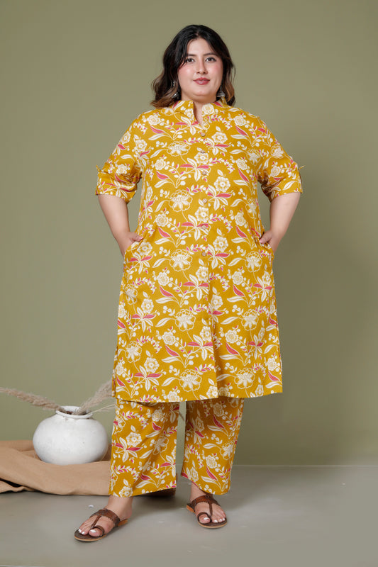FLORAL INFUSE PRINT COTTON 2 PEICE KURTA PANT IN MUSTURD YELLOW BY PLUSSIZEKURTI