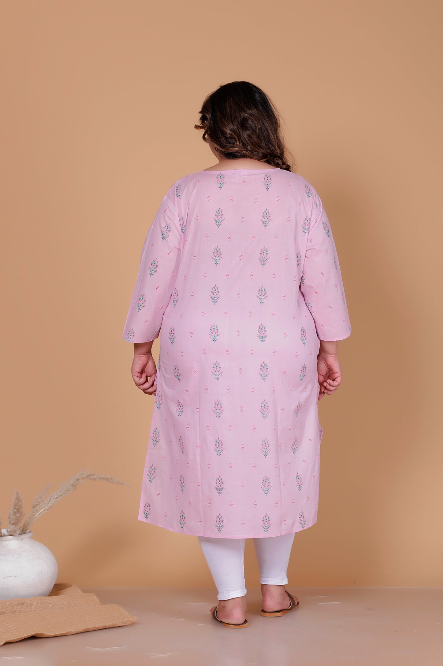 FLORAL BUTTA PRINT COTTON KURTI IN BABYPINK BY PLUSSIZEKURTI