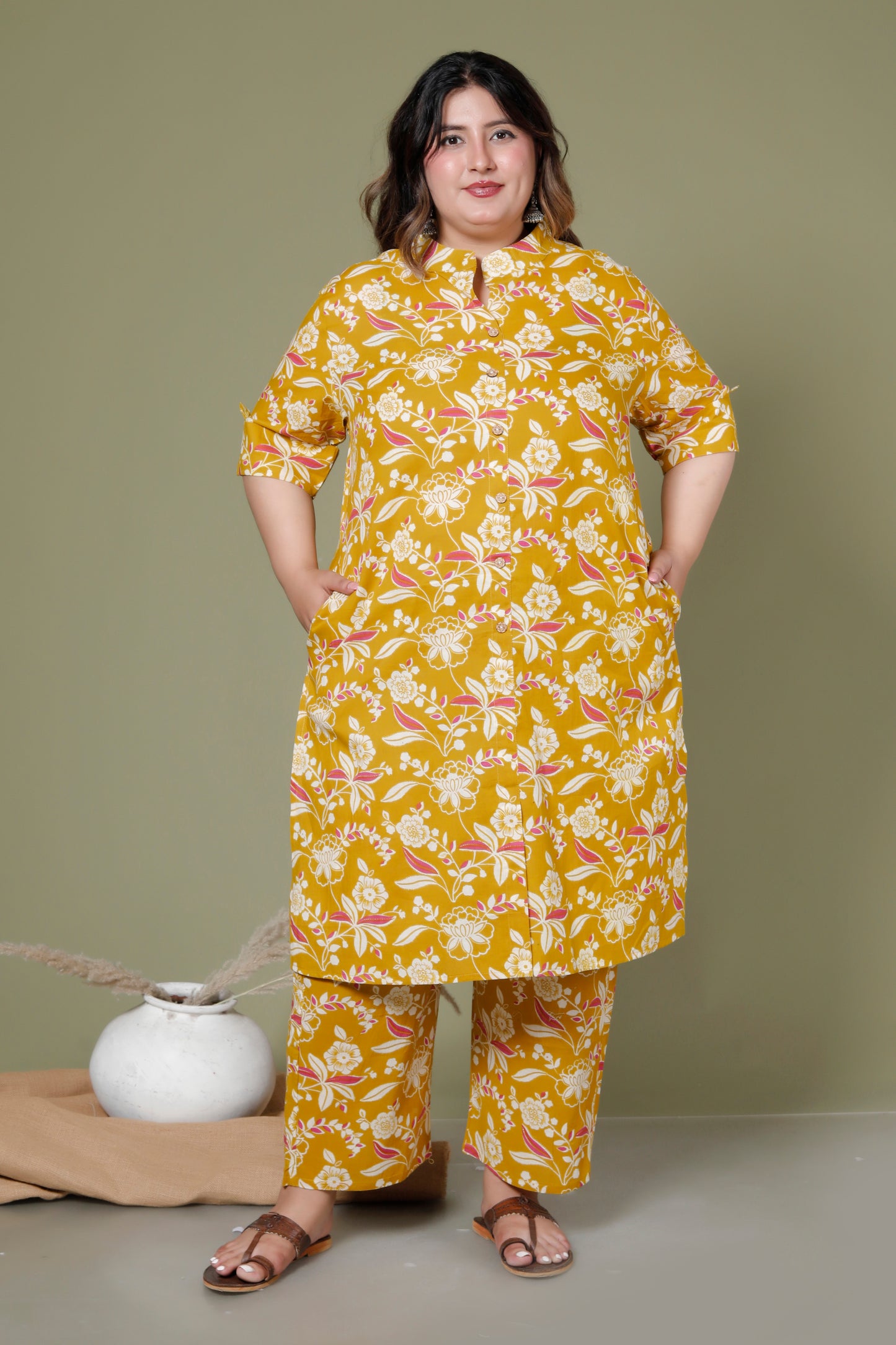 FLORAL INFUSE PRINT COTTON 2 PEICE KURTA PANT IN MUSTURD YELLOW BY PLUSSIZEKURTI