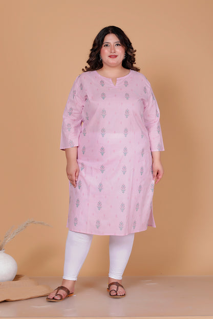 FLORAL BUTTA PRINT COTTON KURTI IN BABYPINK BY PLUSSIZEKURTI