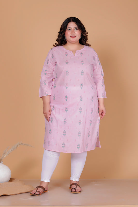 FLORAL BUTTA PRINT COTTON KURTI IN BABYPINK BY PLUSSIZEKURTI
