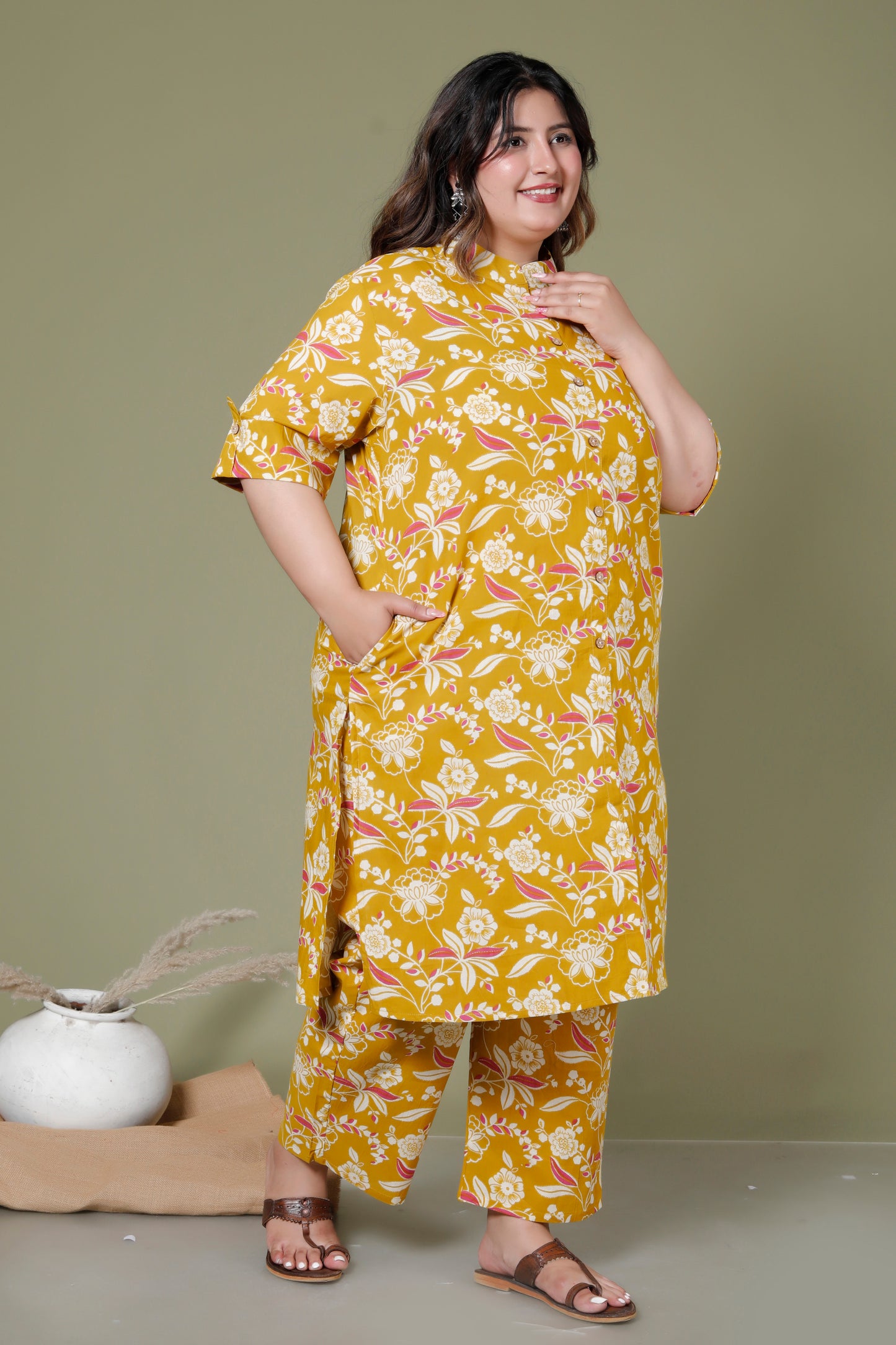 FLORAL INFUSE PRINT COTTON 2 PEICE KURTA PANT IN MUSTURD YELLOW BY PLUSSIZEKURTI