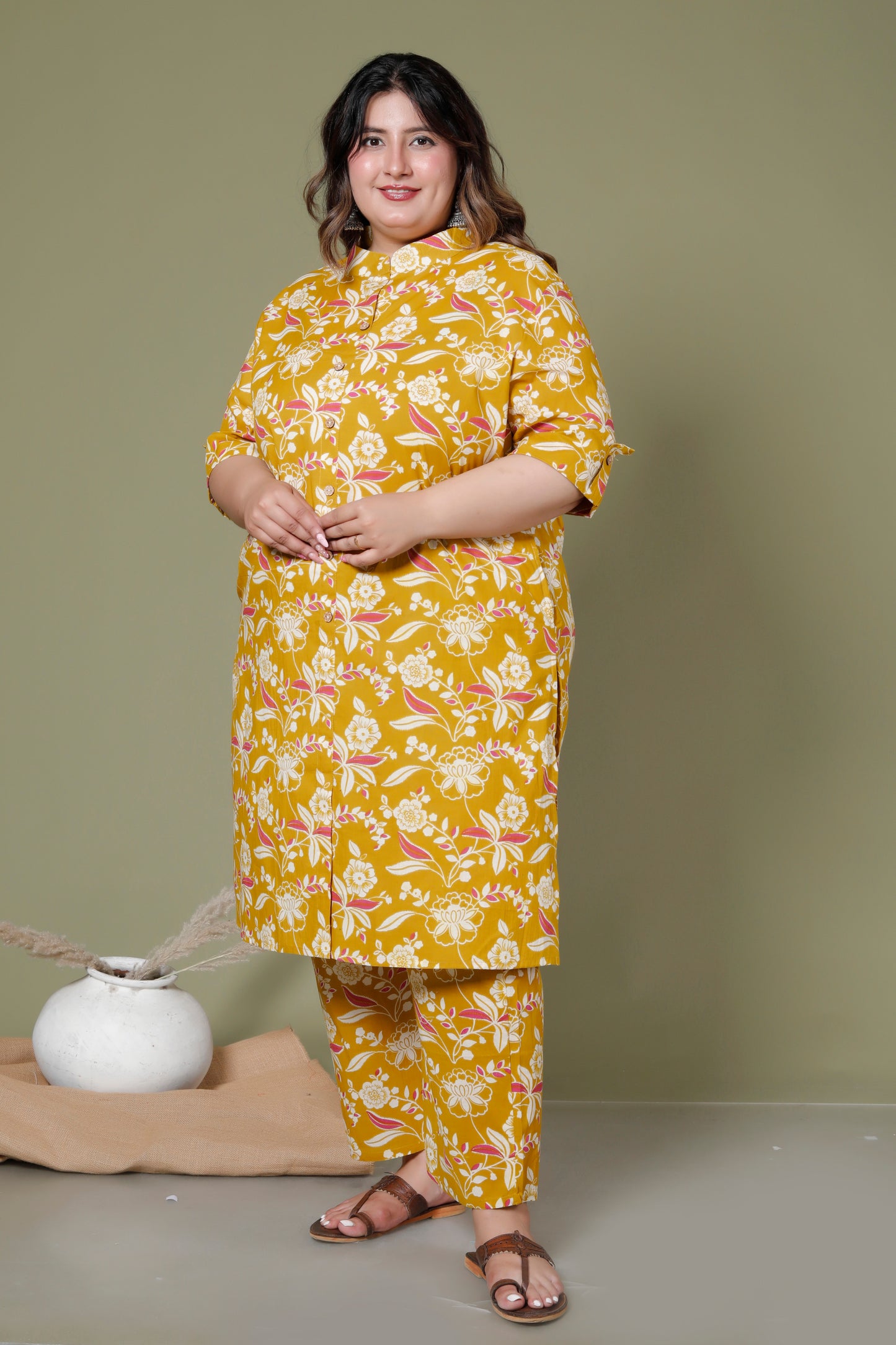 FLORAL INFUSE PRINT COTTON 2 PEICE KURTA PANT IN MUSTURD YELLOW BY PLUSSIZEKURTI