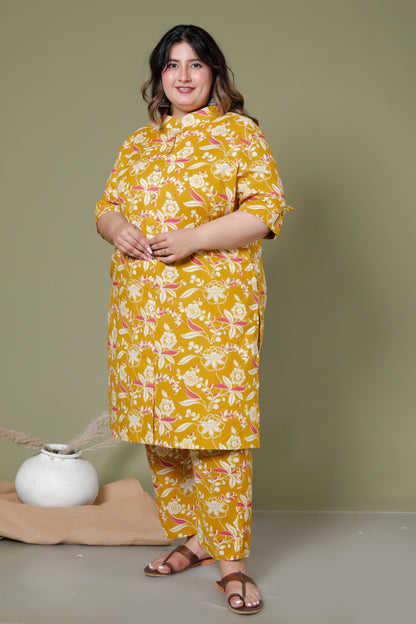 FLORAL INFUSE PRINT COTTON 2 PEICE KURTA PANT IN MUSTURD YELLOW BY PLUSSIZEKURTI