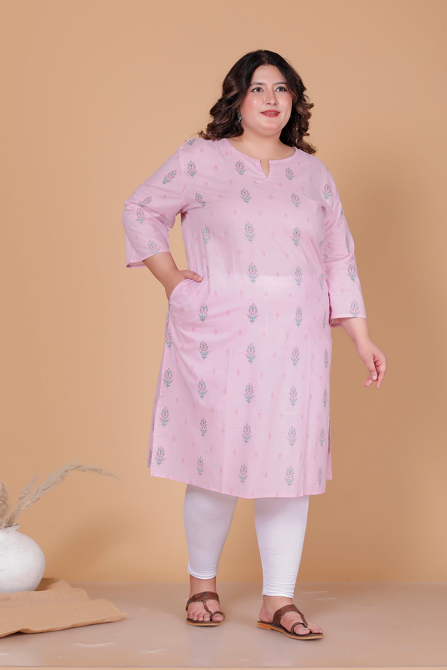 FLORAL BUTTA PRINT COTTON KURTI IN BABYPINK BY PLUSSIZEKURTI