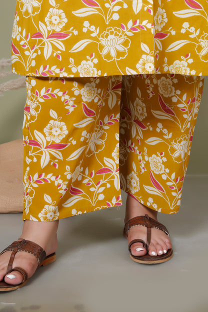 FLORAL INFUSE PRINT COTTON 2 PEICE KURTA PANT IN MUSTURD YELLOW BY PLUSSIZEKURTI