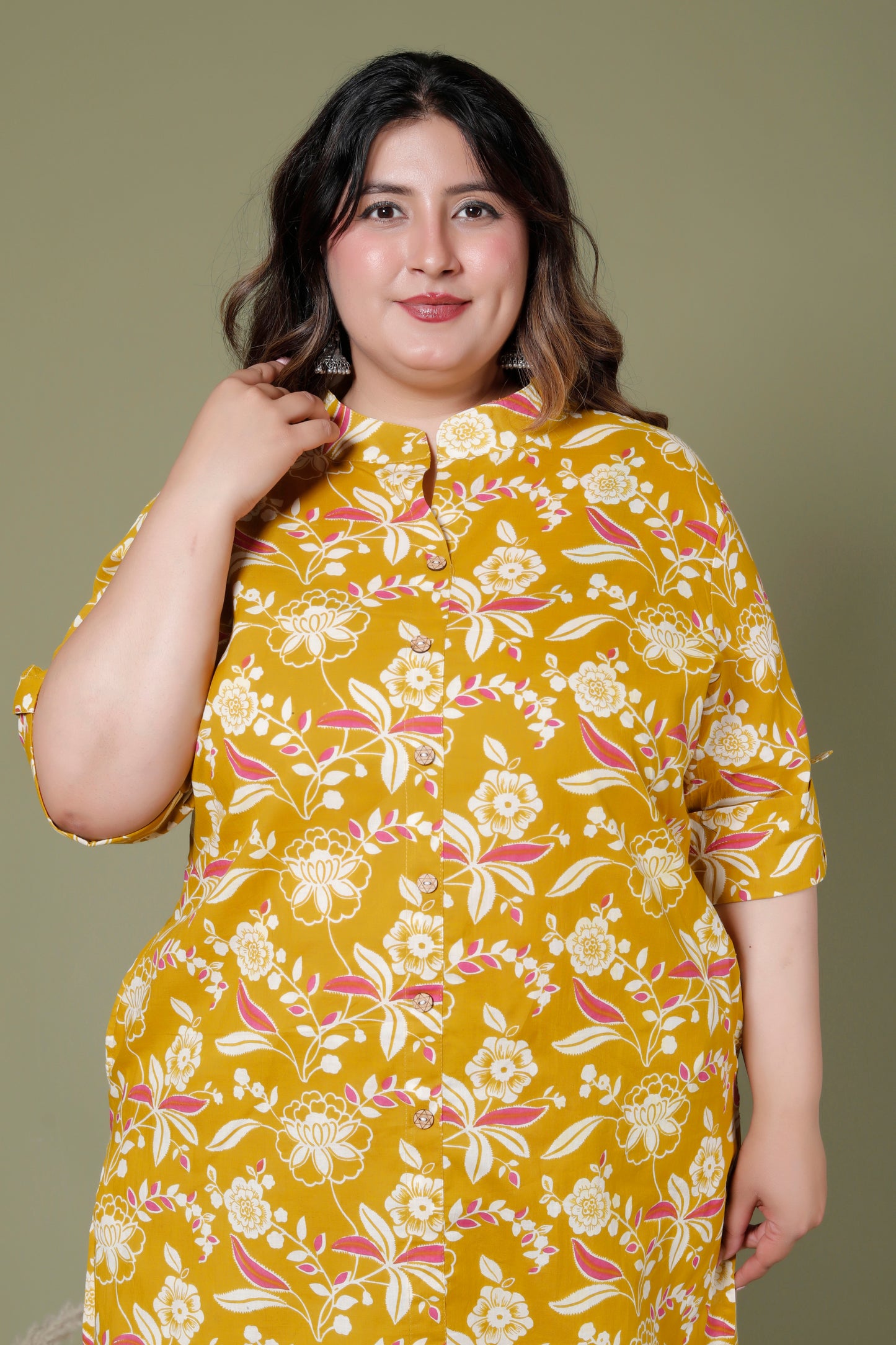 FLORAL INFUSE PRINT COTTON 2 PEICE KURTA PANT IN MUSTURD YELLOW BY PLUSSIZEKURTI