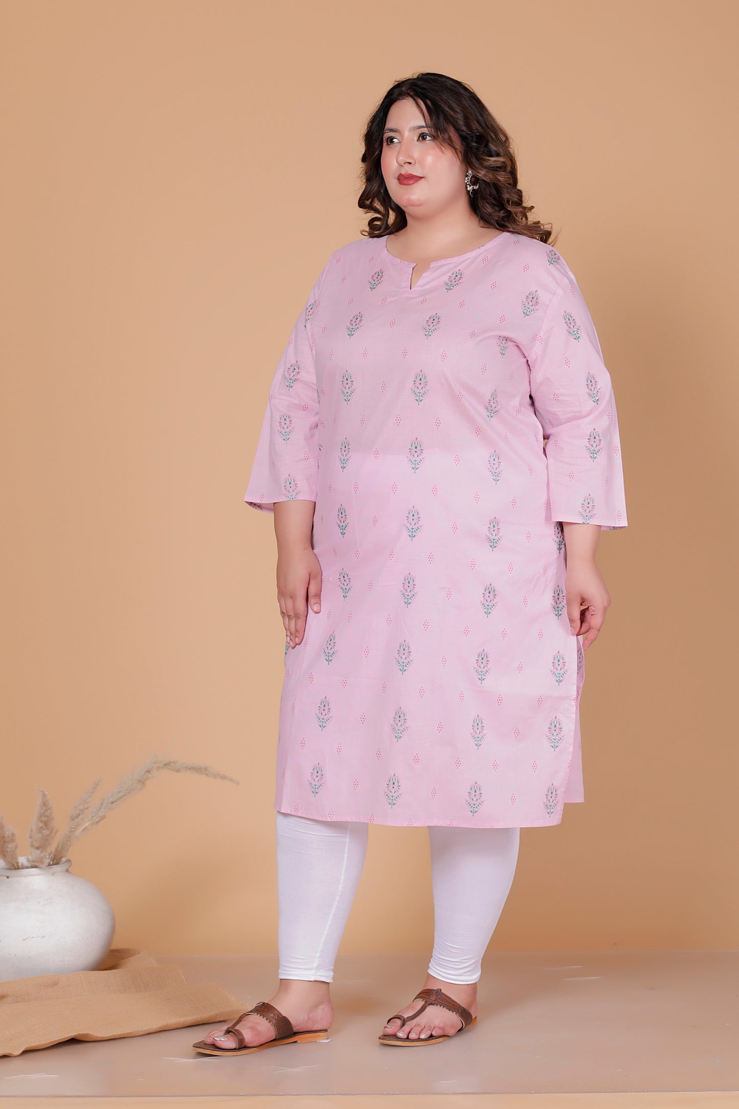 FLORAL BUTTA PRINT COTTON KURTI IN BABYPINK BY PLUSSIZEKURTI