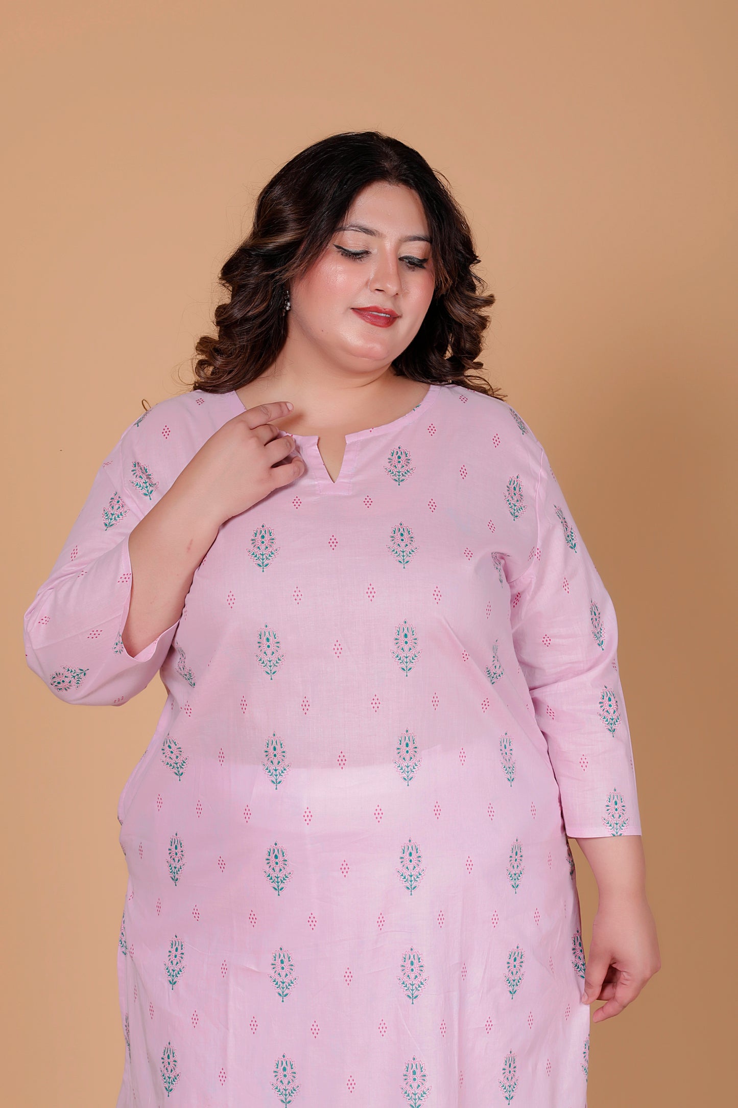 FLORAL BUTTA PRINT COTTON KURTI IN BABYPINK BY PLUSSIZEKURTI