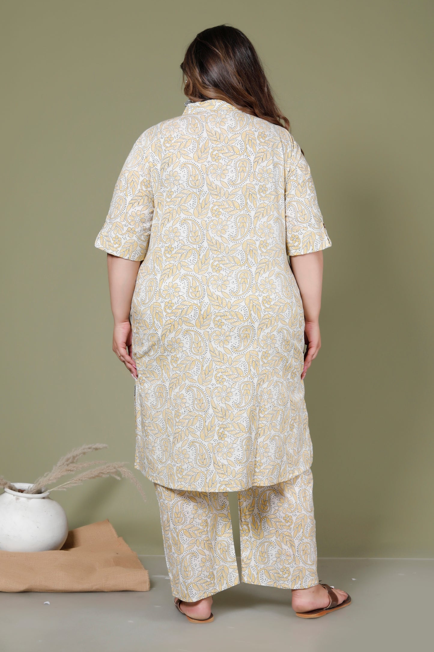 PAISLEY FLORAL PRINT COTTON 2 PEICE KURTA PANT IN YELLOW/OFF WHITE BY PLUSSIZEKURTI