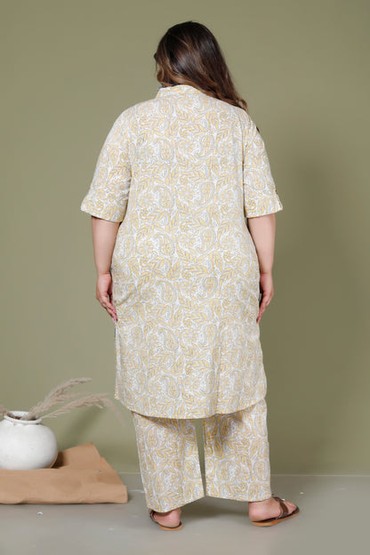 PAISLEY FLORAL PRINT COTTON 2 PEICE KURTA PANT IN YELLOW/OFF WHITE BY PLUSSIZEKURTI