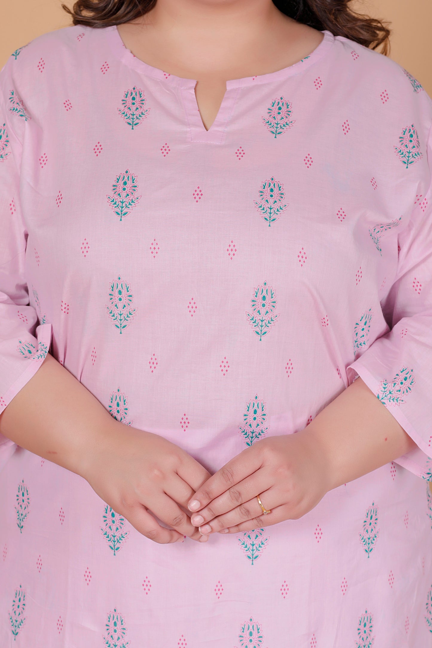 FLORAL BUTTA PRINT COTTON KURTI IN BABYPINK BY PLUSSIZEKURTI