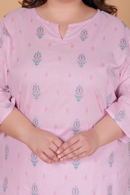 FLORAL BUTTA PRINT COTTON KURTI IN BABYPINK BY PLUSSIZEKURTI