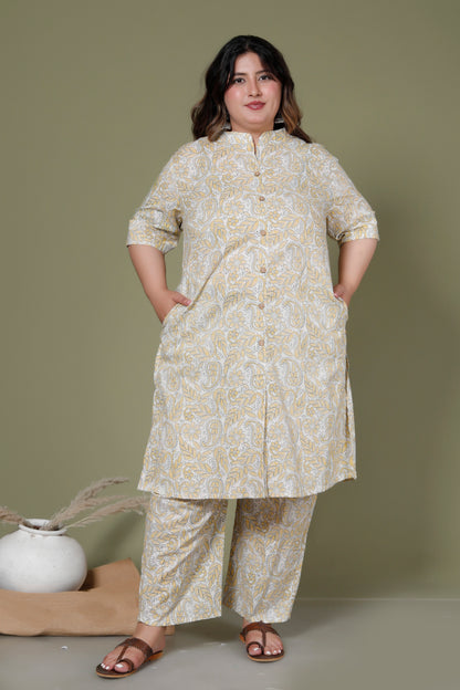 PAISLEY FLORAL PRINT COTTON 2 PEICE KURTA PANT IN YELLOW/OFF WHITE BY PLUSSIZEKURTI