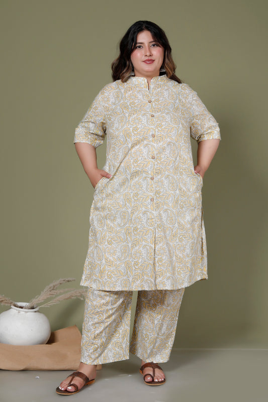 PAISLEY FLORAL PRINT COTTON 2 PEICE KURTA PANT IN YELLOW/OFF WHITE BY PLUSSIZEKURTI