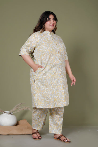 PAISLEY FLORAL PRINT COTTON 2 PEICE KURTA PANT IN YELLOW/OFF WHITE BY PLUSSIZEKURTI