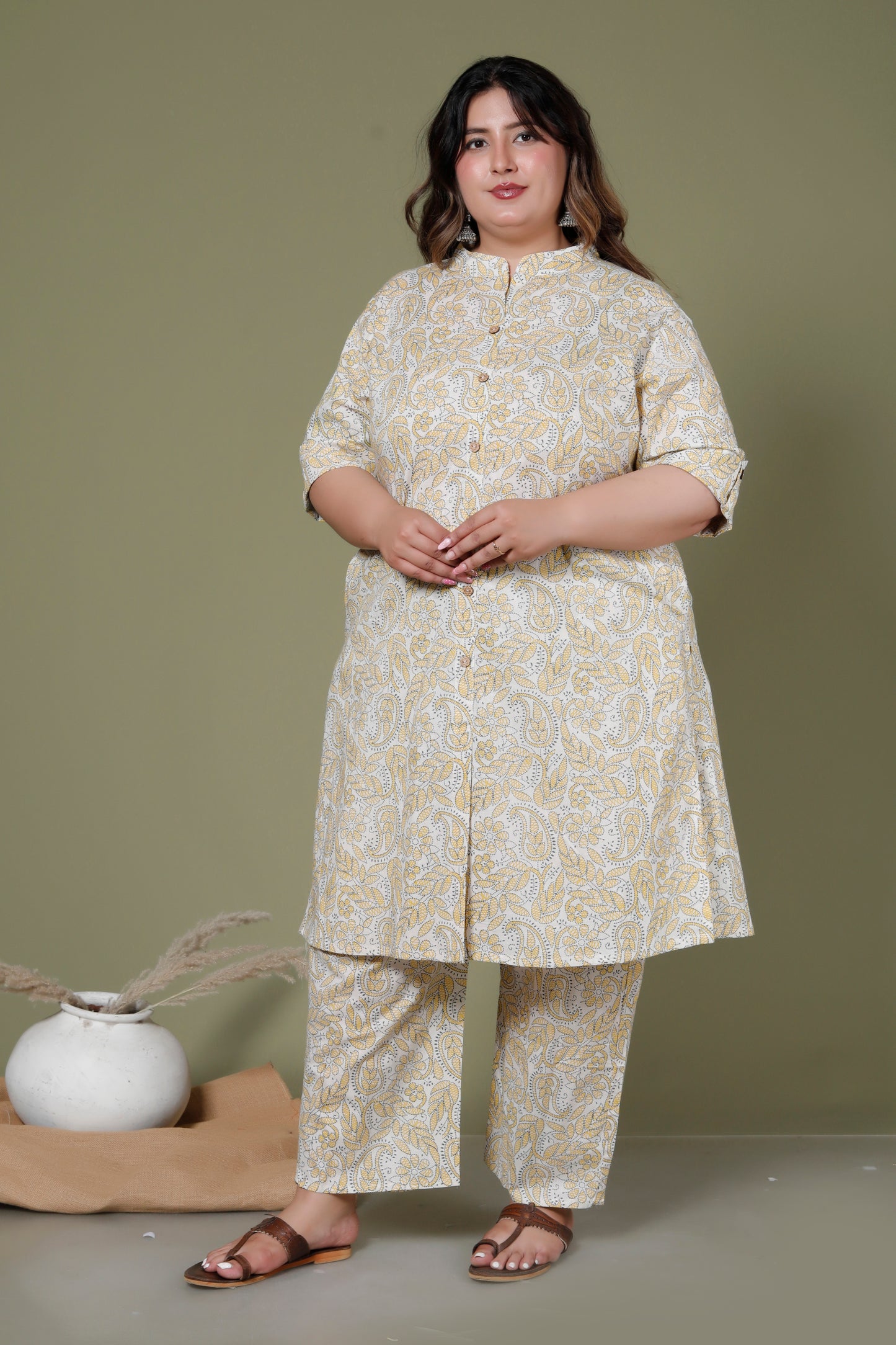 PAISLEY FLORAL PRINT COTTON 2 PEICE KURTA PANT IN YELLOW/OFF WHITE BY PLUSSIZEKURTI