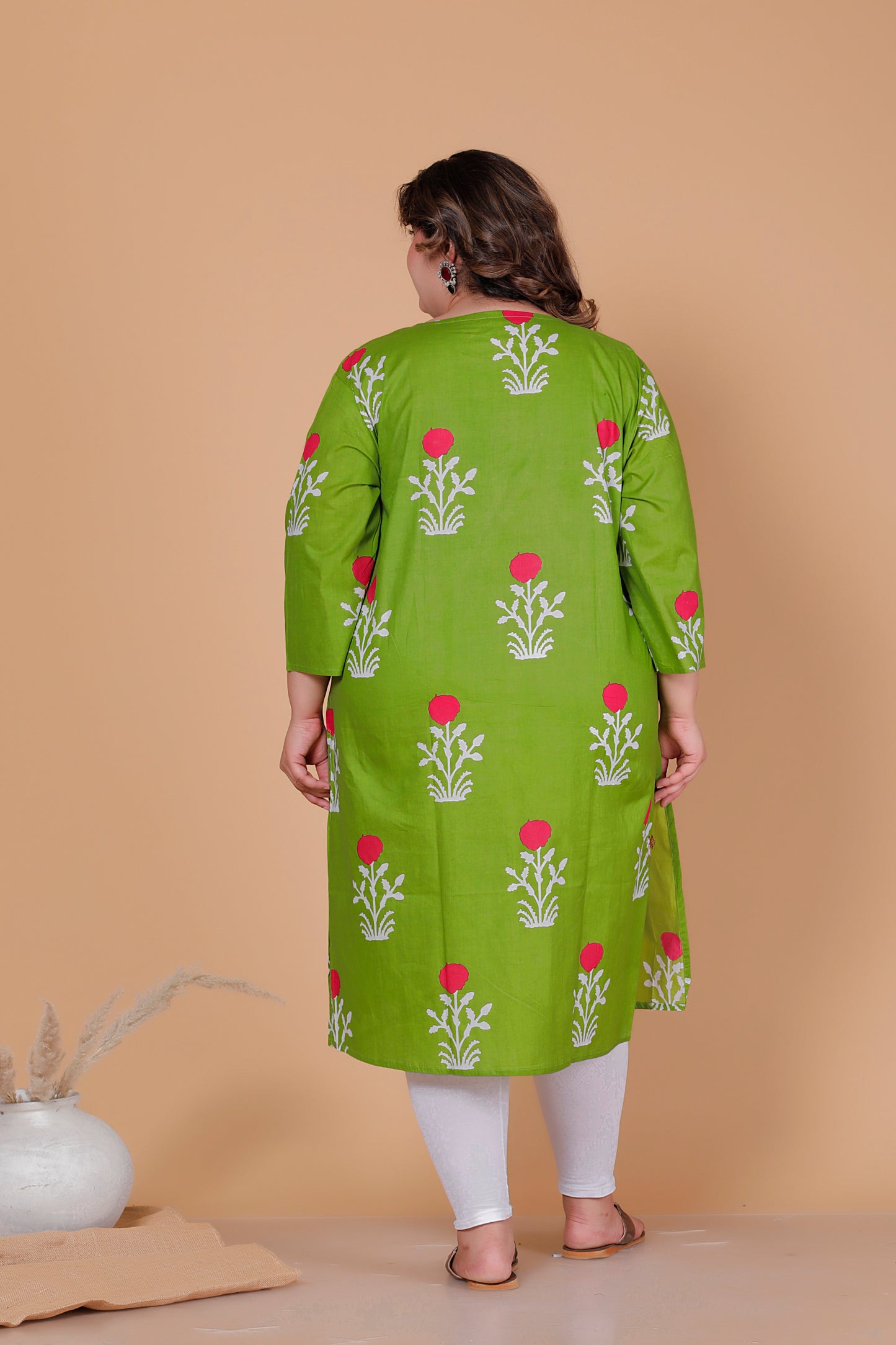 FLORAL BLOCK PRINT COTTON KURTI IN FRESH GREEN BY PLUSSIZEKURTI