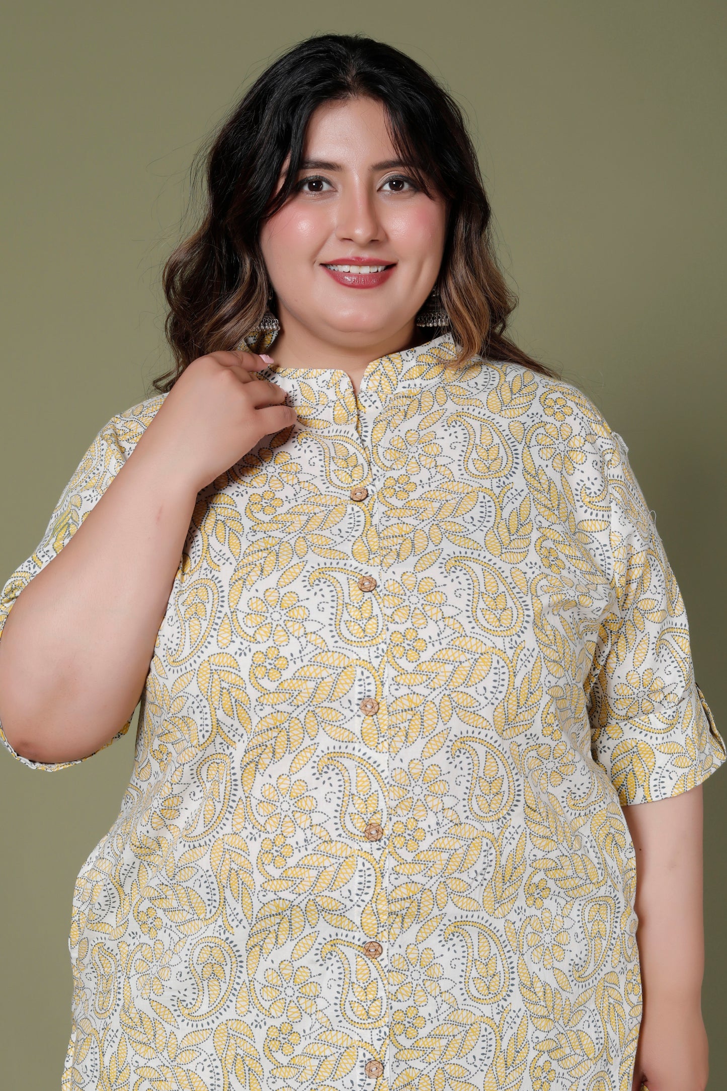 PAISLEY FLORAL PRINT COTTON 2 PEICE KURTA PANT IN YELLOW/OFF WHITE BY PLUSSIZEKURTI