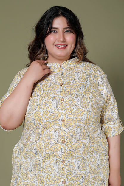PAISLEY FLORAL PRINT COTTON 2 PEICE KURTA PANT IN YELLOW/OFF WHITE BY PLUSSIZEKURTI