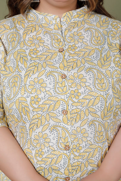 PAISLEY FLORAL PRINT COTTON 2 PEICE KURTA PANT IN YELLOW/OFF WHITE BY PLUSSIZEKURTI