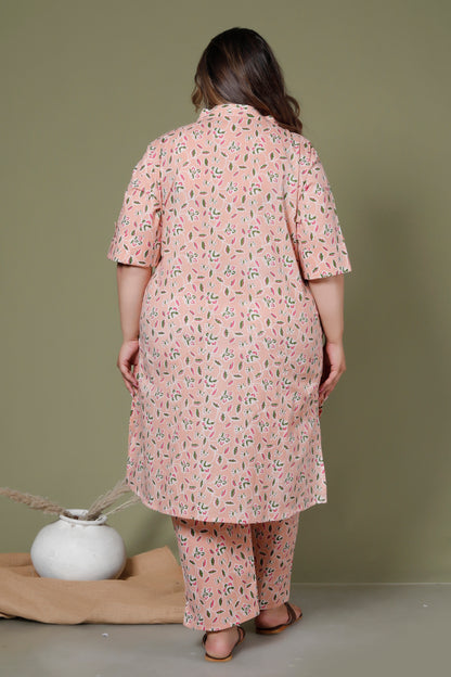 FLORAL GARDEN PRINT COTTON 2 PEICE KURTA PANT IN PEACH BY PLUSSIZEKURTI