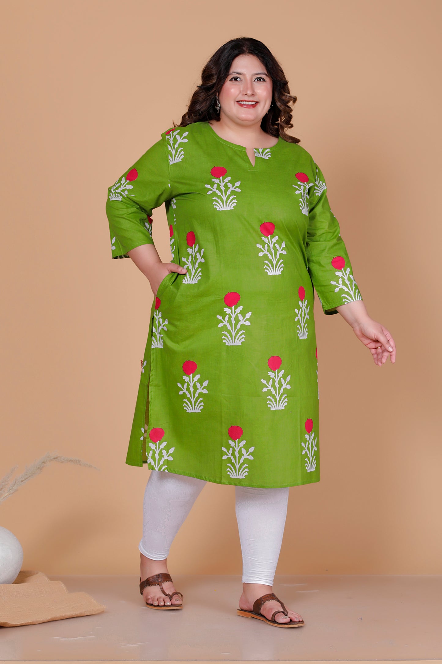FLORAL BLOCK PRINT COTTON KURTI IN FRESH GREEN BY PLUSSIZEKURTI