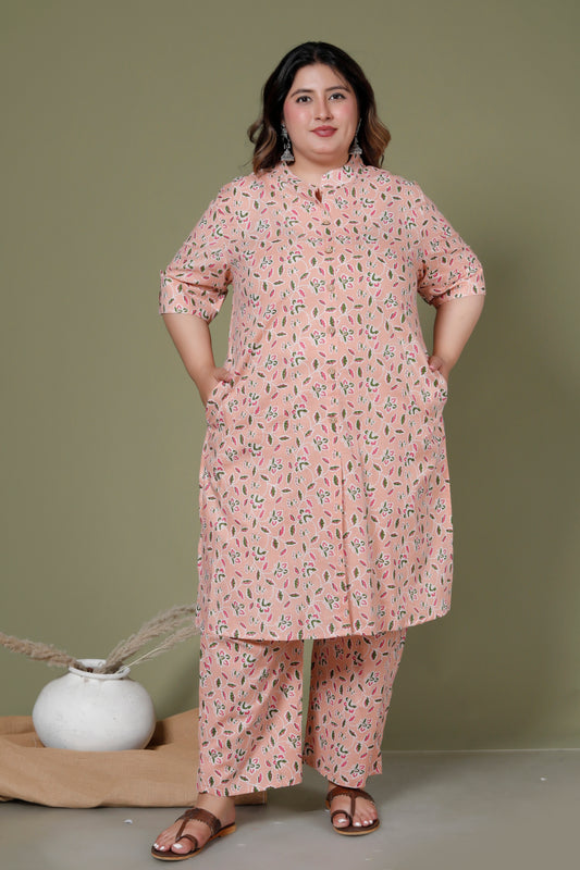 FLORAL GARDEN PRINT COTTON 2 PEICE KURTA PANT IN PEACH BY PLUSSIZEKURTI