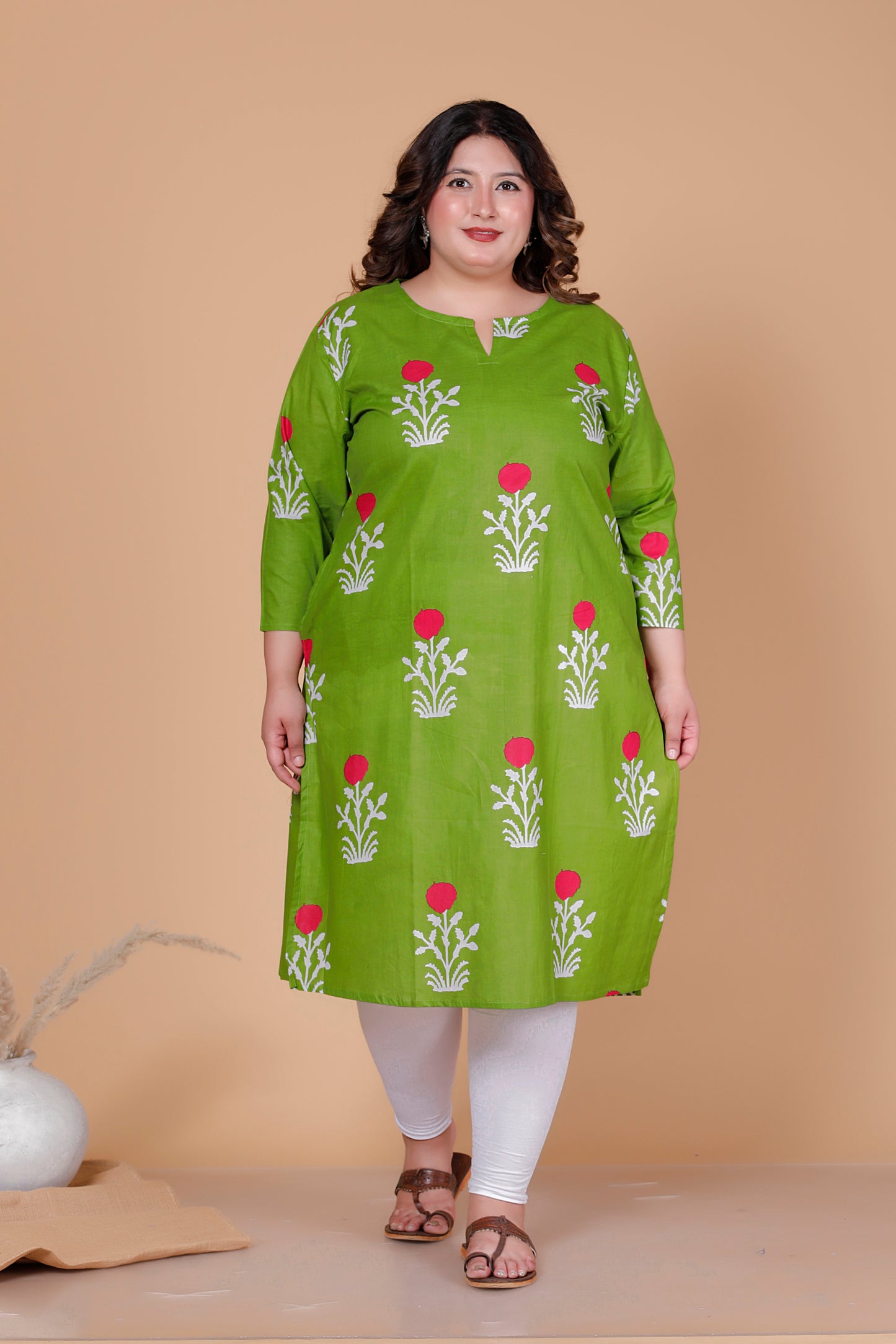 FLORAL BLOCK PRINT COTTON KURTI IN FRESH GREEN BY PLUSSIZEKURTI